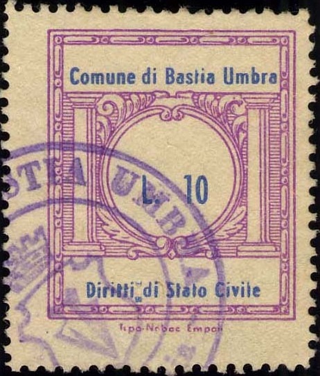 Marca da Bollo del Comune di BASTIA UMBRA su Carta Bianca di dimensioni 21 x 28 mm