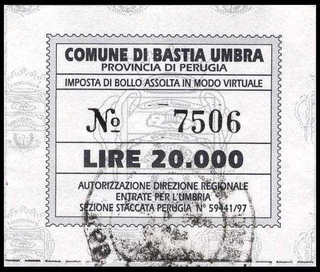 Marca da Bollo del Comune di BASTIA UMBRA su Carta Bianca di dimensioni mm