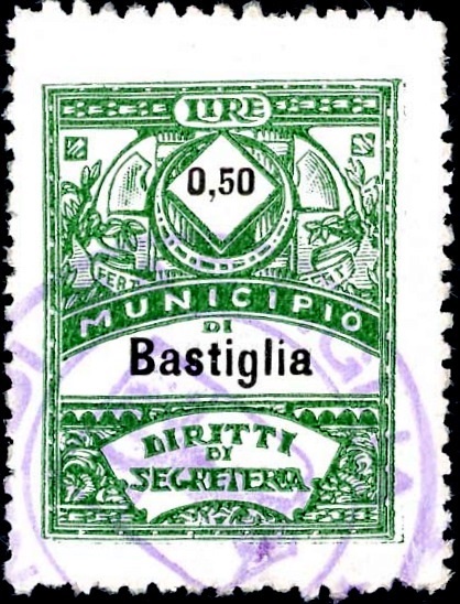 Marca da Bollo del Comune di BASTIGLIA su Carta Bianca di dimensioni 23 x 29 mm