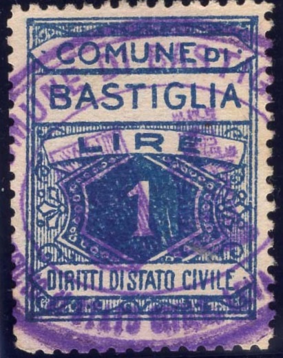 Marca da Bollo del Comune di BASTIGLIA su Carta Bianca di dimensioni 23 x 27 mm
