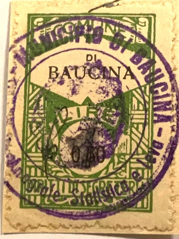 Marca da Bollo del Comune di BAUCINA su Carta Bianca di dimensioni 22,5 X 33 mm
