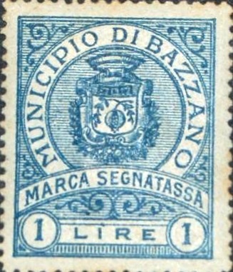 Marca da Bollo del Comune di BAZZANO su Carta Bianca Sottile di dimensioni 23,5 x 36,5 mm
