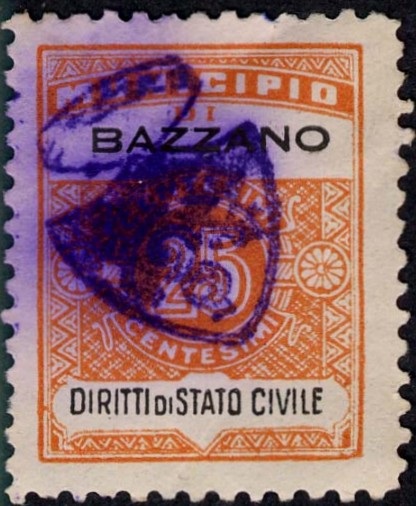 Marca da Bollo del Comune di BAZZANO su Carta Bianca Sottile di dimensioni 23,5 x 30 mm