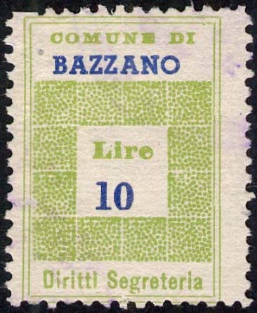 Marca da Bollo del Comune di BAZZANO su Carta Bianca di dimensioni 19,5 x 28 mm