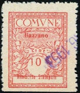 Marca da Bollo del Comune di BAZZANO su Carta Bianca di dimensioni mm