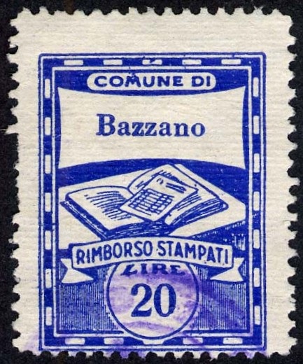 Marca da Bollo del Comune di BAZZANO su Carta Bianca di dimensioni 22 x 29 mm