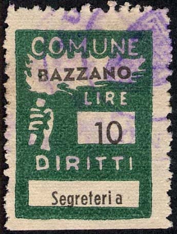 Marca da Bollo del Comune di BAZZANO su Carta Bianca di dimensioni 18,5 x 25 mm