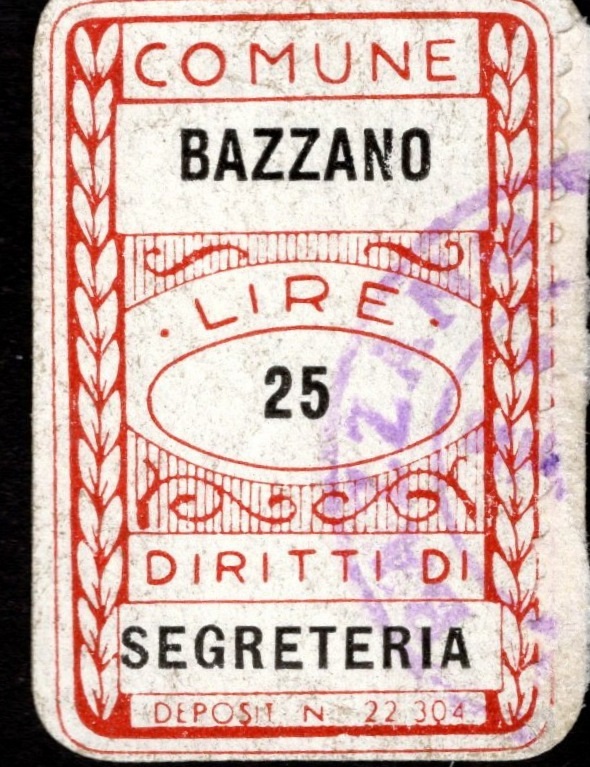 Marca da Bollo del Comune di BAZZANO su Carta Bianca di dimensioni 20 x 30 mm
