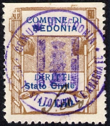 Marca da Bollo del Comune di BEDONIA su Carta Bianca Sottile di dimensioni 23 x 29 mm