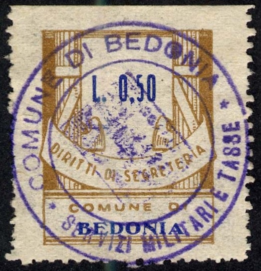 Marca da Bollo del Comune di BEDONIA su Carta Bianca di dimensioni 23 x 29 mm