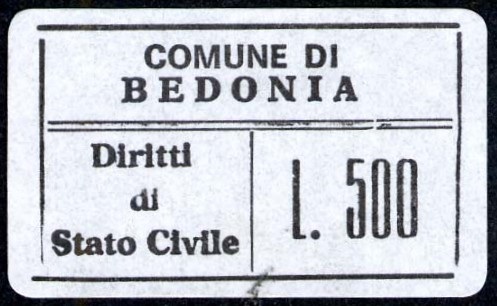 Marca da Bollo del Comune di BEDONIA su Carta Bianca di dimensioni 29 x 17,5 mm