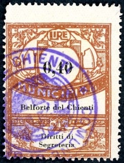 Marca da Bollo del Comune di BELFORTE DEL CHIENTI su Carta Bianca di dimensioni 21,5 x 28 mm