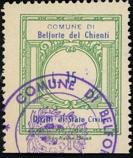 Marca da Bollo del Comune di BELFORTE DEL CHIENTI su Carta Bianca di dimensioni 21 x 25 mm
