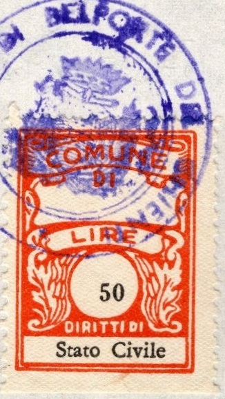 Marca da Bollo del Comune di BELFORTE DEL CHIENTI su Carta Bianca di dimensioni 22 x 29 mm