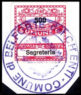 Marca da Bollo del Comune di BELFORTE DEL CHIENTI su Carta Bianca di dimensioni 19 x 21 mm