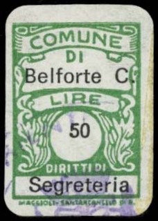 Marca da Bollo del Comune di BELFORTE DEL CHIENTI su Carta Bianca di dimensioni 13,5 x 20 mm