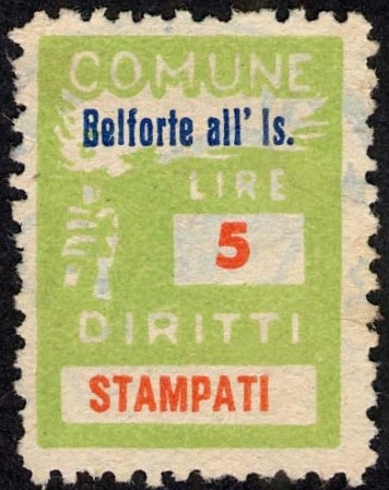 Marca da Bollo del Comune di BELFORTE ALL´ISAURO su Carta Bianca Sottile di dimensioni 18,5 x 26 mm