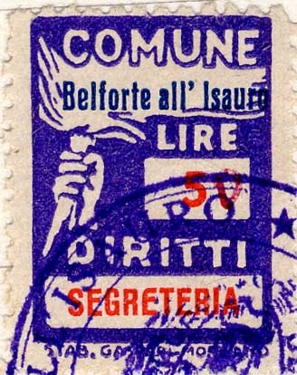 Marca da Bollo del Comune di BELFORTE ALL´ISAURO su Carta Bianca Sottile di dimensioni 18,5 x 26 mm