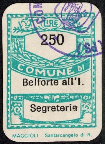 Marca da Bollo del Comune di BELFORTE ALL´ISAURO su Carta Bianca di dimensioni 20,5 x 28,5 mm