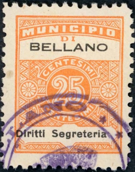 Marca da Bollo del Comune di BELLANO su Carta Bianca di dimensioni 22,5 x 29 mm