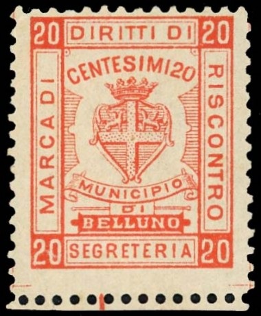 Marca da Bollo del Comune di BELLUNO su Carta Bianca di dimensioni 20,5 x 25,5 mm