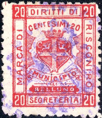 Marca da Bollo del Comune di BELLUNO su Carta Bianca di dimensioni 20,5 x 25,5 mm