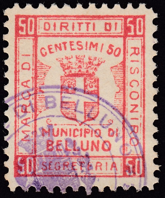 Marca da Bollo del Comune di BELLUNO su Carta Bianca di dimensioni 20,5 x 25,5 mm