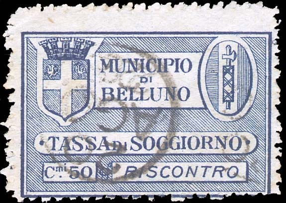 Marca da Bollo del Comune di BELLUNO su Carta Bianca di dimensioni 35 x 23 mm