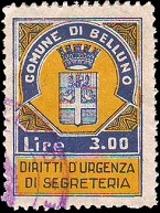 Marca da Bollo del Comune di BELLUNO su Carta Bianca di dimensioni 22 x 30 mm