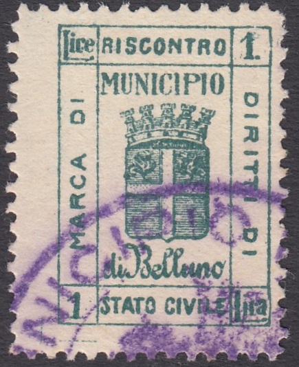 Marca da Bollo del Comune di BELLUNO su Carta Bianca di dimensioni 18 x 26 mm