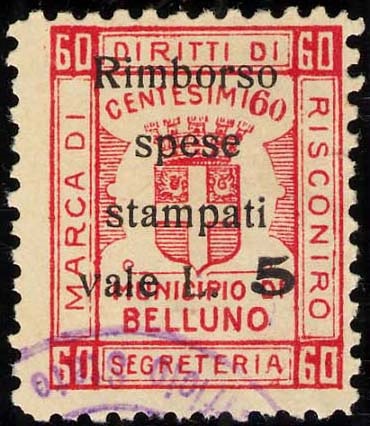 Marca da Bollo del Comune di BELLUNO su Carta Bianca di dimensioni 21 x 25 mm