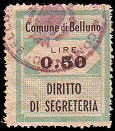Marca da Bollo del Comune di BELLUNO su Carta Bianca Sottile di dimensioni 24,5 x 29 mm