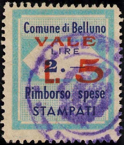 Marca da Bollo del Comune di BELLUNO su Carta Bianca di dimensioni 24,5 x 29 mm