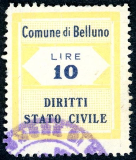 Marca da Bollo del Comune di BELLUNO su Carta Bianca Sottile di dimensioni 22 x 29 mm