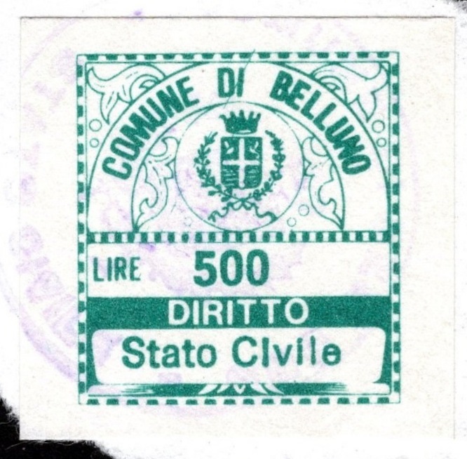 Marca da Bollo del Comune di BELLUNO su Carta Bianca di dimensioni 19 x 21 mm