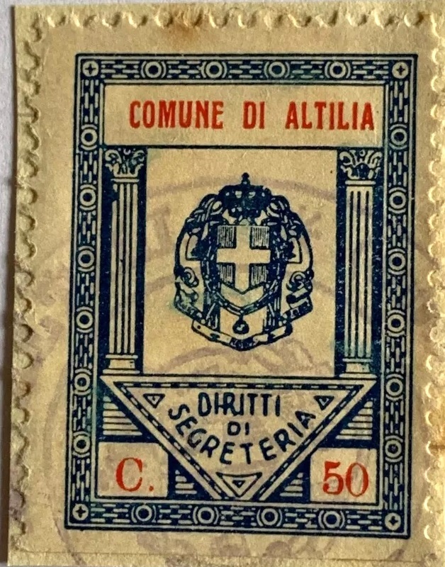 Marca da Bollo del Comune di ALTILIA su Carta Bianca di dimensioni 22 x 29 mm