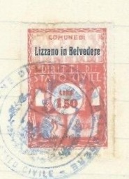 Marca da Bollo del Comune di LIZZANO IN BELVEDERE su Carta Bianca di dimensioni 22,5 X 33 mm