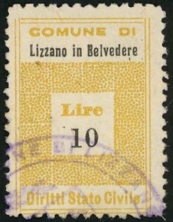 Marca da Bollo del Comune di LIZZANO IN BELVEDERE su Carta Bianca di dimensioni 19,5 x 29 mm