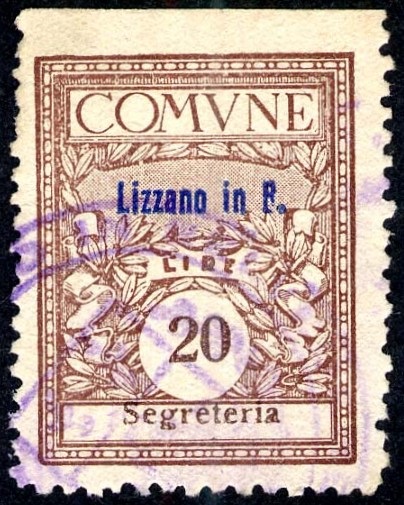 Marca da Bollo del Comune di LIZZANO IN BELVEDERE su Carta Bianca di dimensioni 22 x 28 mm