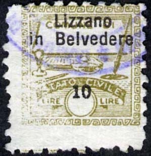 Marca da Bollo del Comune di LIZZANO IN BELVEDERE su Carta Bianca di dimensioni 15 x 15 mm