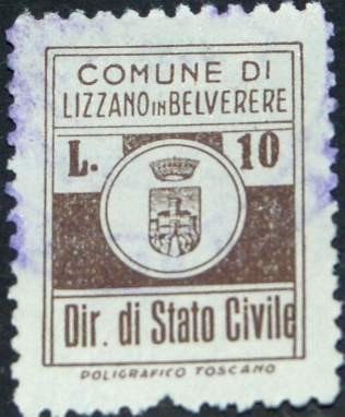 Marca da Bollo del Comune di LIZZANO IN BELVEDERE su Carta Bianca di dimensioni 21 X 27 mm