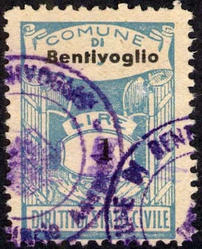 Marca da Bollo del Comune di BENTIVOGLIO su Carta Bianca di dimensioni 20 x 28 mm
