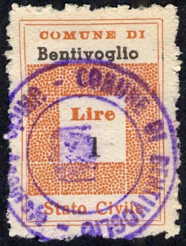 Marca da Bollo del Comune di BENTIVOGLIO su di dimensioni 19,5 x 28,5 mm