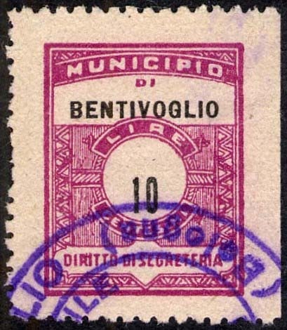 Marca da Bollo del Comune di BENTIVOGLIO su Carta Bianca di dimensioni 20 x 24 mm