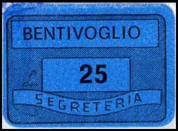 Marca da Bollo del Comune di BENTIVOGLIO su Carta Colorata di dimensioni 19 x 14,5 mm