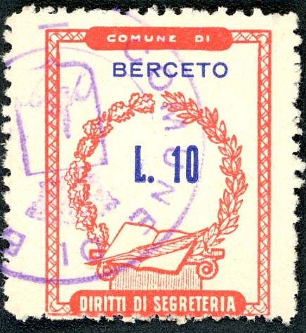 Marca da Bollo del Comune di BERCETO su Carta Bianca di dimensioni 20,5 x 26,5 mm