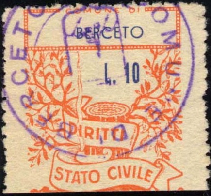 Marca da Bollo del Comune di BERCETO su Carta Bianca di dimensioni mm