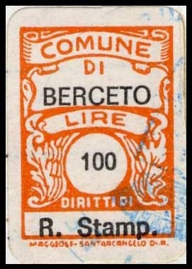 Marca da Bollo del Comune di BERCETO su Carta Bianca di dimensioni 16 x 27 mm