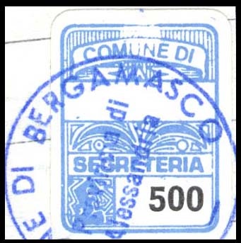 Marca da Bollo del Comune di BERGAMASCO su Carta Bianca di dimensioni 15,5 x 20,5 mm