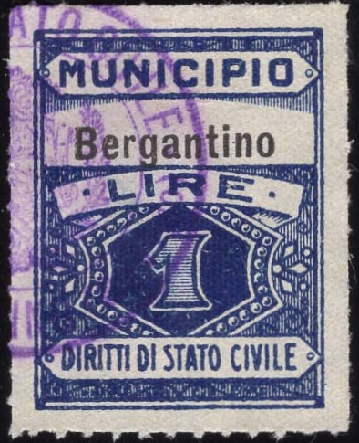 Marca da Bollo del Comune di BERGANTINO su Carta Bianca di dimensioni 23 x 29 mm